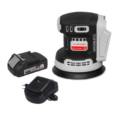 Эксцентриковая шлифмашина ИНТЕРСКОЛ ЭШМ-125/18ВЭ 2,0, 18 В, 125 мм, 20000 кол/мин, с АКБ 2 Ач и ЗУ