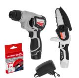 Набор аккумуляторного инструмента ИНТЕРСКОЛ 12 В: перфоратор ПА-12/12В + цепная пила ПЦА-4/12 + 5 дисков, с 2 АКБ 2 Ач и ЗУ