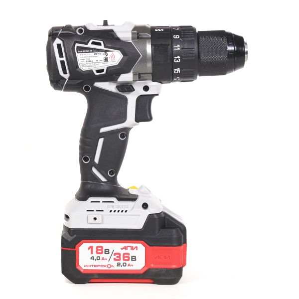 Дрель-шуруповерт ИНТЕРСКОЛ ДАУ-13/36В 70, 36 В, 1900 об/мин, 30000 уд/мин, с 2 АКБ 2 Ач и ЗУ, в кейсе (813.2.2.70)