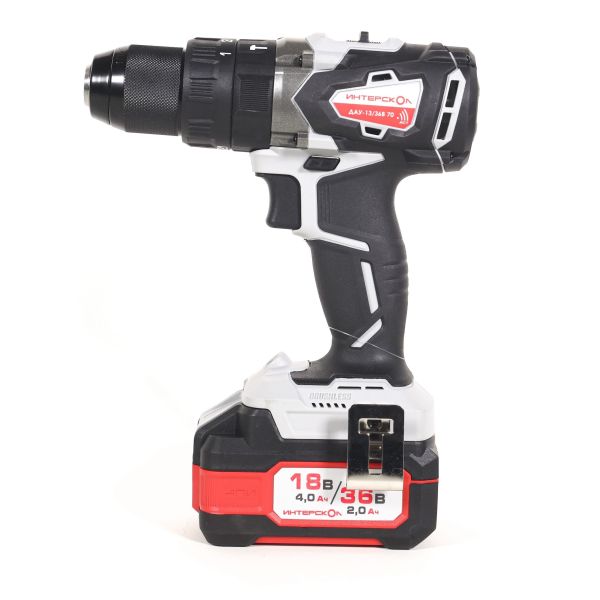 Дрель-шуруповерт ИНТЕРСКОЛ ДАУ-13/36В 70, 36 В, 1900 об/мин, 30000 уд/мин, с 2 АКБ 2 Ач и ЗУ, в кейсе (813.2.2.70)