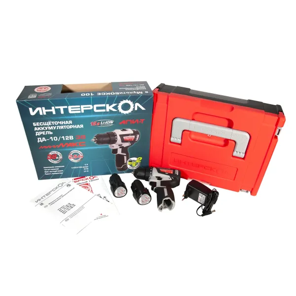 Аккумуляторная дрель-шуруповерт ИНТЕРСКОЛ МиниМАКС ДА-10/12В 38, 12 В, 1550 об/мин, с 2 АКБ 2.5 Ач и ЗУ, в кейсе (757.2.2.46)