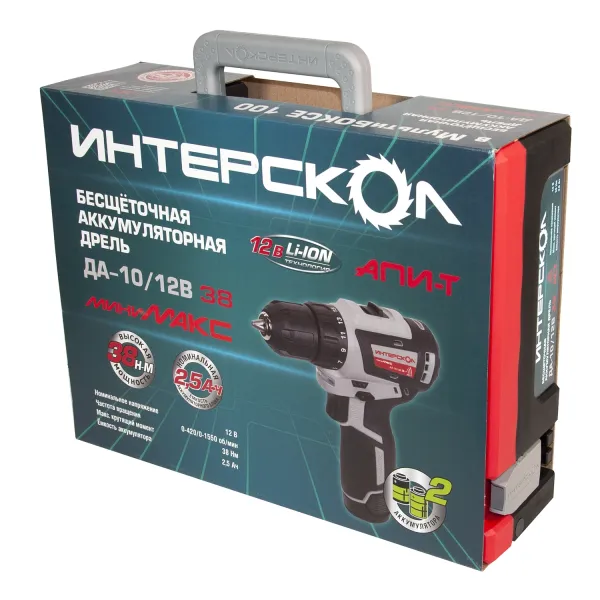Аккумуляторная дрель-шуруповерт ИНТЕРСКОЛ МиниМАКС ДА-10/12В 38, 12 В, 1550 об/мин, с 2 АКБ 2.5 Ач и ЗУ, в кейсе (757.2.2.46)