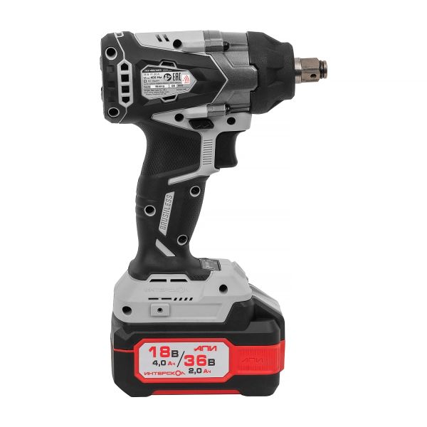 Аккумуляторный гайковерт ИНТЕРСКОЛ ГАУ-400/36ВЭ, 36 В, 400 Нм, 3200 уд/мин, с 2 АКБ 2 Ач и ЗУ, в кейсе (859.2.2.70)
