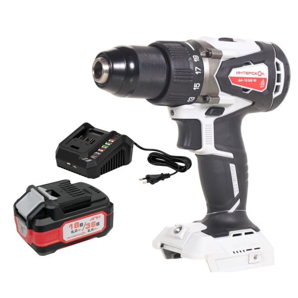 Аккумуляторная дрель-шуруповерт ИНТЕРСКОЛ ДА-13/36В 90, 36 В, 2000 об/мин, с АКБ 2.5 Ач и ЗУ (861.0.0.70-B25C)