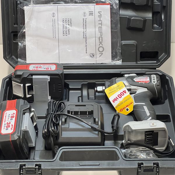 Аккумуляторный гайковерт ИНТЕРСКОЛ ГАУ-400/36ВЭ, 36 В, 400 Нм, 3200 уд/мин, c 2 АКБ 2 Ач и ЗУ в кейсе (УЦЕНЕННЫЙ ТОВАР) (859.2.2.70/U)