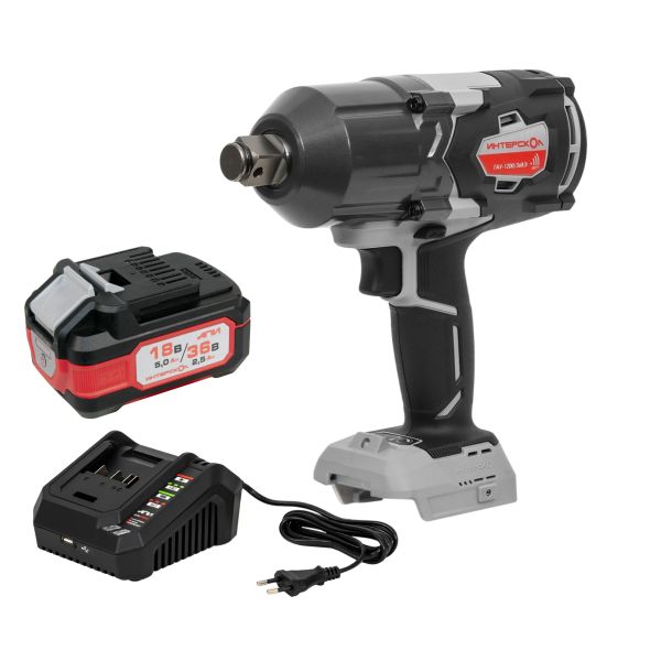 Аккумуляторный ударный гайковерт ИНТЕРСКОЛ ГАУ-1200/36ВЭ, 36 В, 1200 Hм, 2050 уд/мин, с АКБ 2.5 Ач и ЗУ (819.0.0.70-B25C)