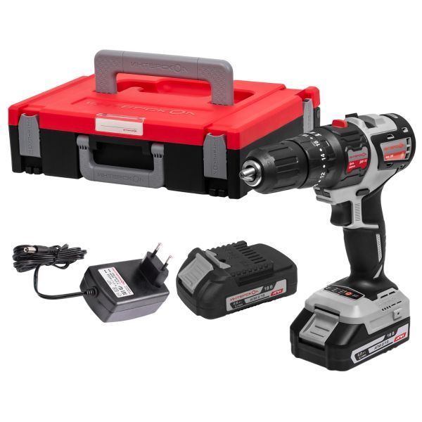 Дрель-шуруповерт ИНТЕРСКОЛ ДАУ-10/18В 44, 18 В, 1650 об/мин, 21000 уд/мин, с 2 АКБ 2 Ач и ЗУ, в кейсе (755.2.2.47)