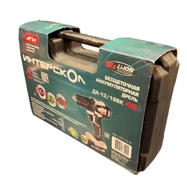 Аккумуляторная дрель-шуруповерт ИНТЕРСКОЛ ДА-13/18ВК 45, 18 В, 1700 об/мин, с 2 АКБ 1.5 Ач и ЗУ, в кейсе (УЦЕНЕННЫЙ ТОВАР) (575.1.2.70/U)