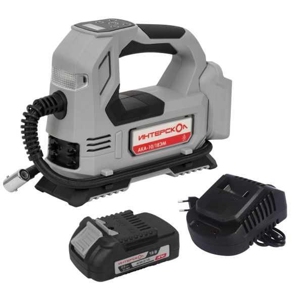 Аккумуляторный компрессор ИНТЕРСКОЛ АКА-10/18ЭМ, 18 В, 10.3 бар, с АКБ 2 Ач и ЗУ