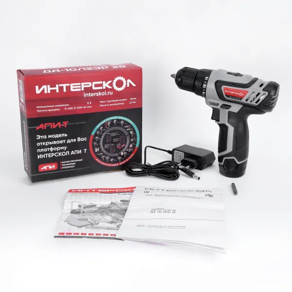 Аккумуляторная дрель-шуруповерт ИНТЕРСКОЛ ДА-10/12ЭР 28, 12 В, 1450 об/мин, с АКБ 2 Ач и ЗУ, в кейсе (595.2.1.20)