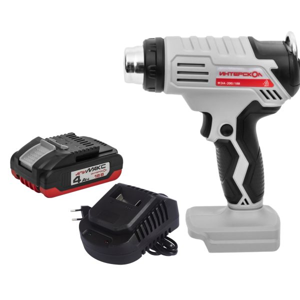 Бесщеточный аккумуляторный строительный фен ИНТЕРСКОЛ ФЭА-200/18В, 550°С, 200 л/мин, с АКБ 4 Ач и ЗУ, 764.0.0.70