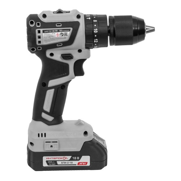 Дрель-шуруповерт ИНТЕРСКОЛ ДАУ-13/18В 50, 18 В, 1600 об/мин, 27000 уд/мин, с 2 АКБ 2 Ач и ЗУ, в кейсе (802.2.2.70)