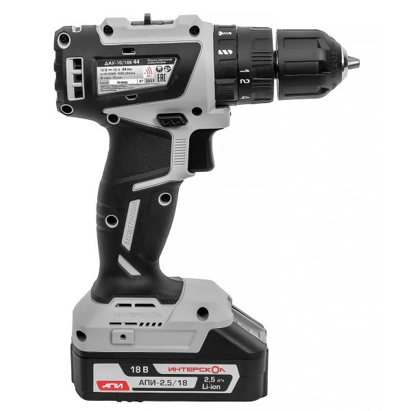 Дрель-шуруповерт ИНТЕРСКОЛ МиниМАКС ДАУ-10/18В, 18 В, 1650 об/мин, 25500 уд/мин, с 2 АКБ 2.5 Ач и ЗУ, в кейсе (769.2.2.45)