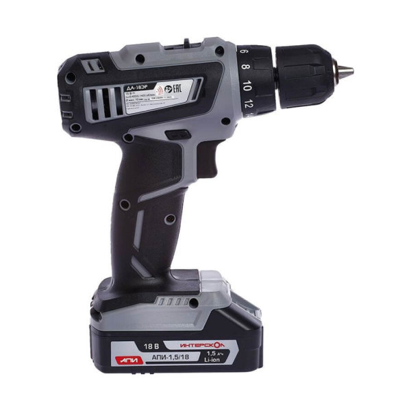 Аккумуляторная дрель-шуруповерт ИНТЕРСКОЛ ДА-18ЭР, АПИ 18 В, 38 Н·м, 1400 об/мин, c 2 АКБ 1.5 Ач и ЗУ, в кейсе, 536.0.2.01