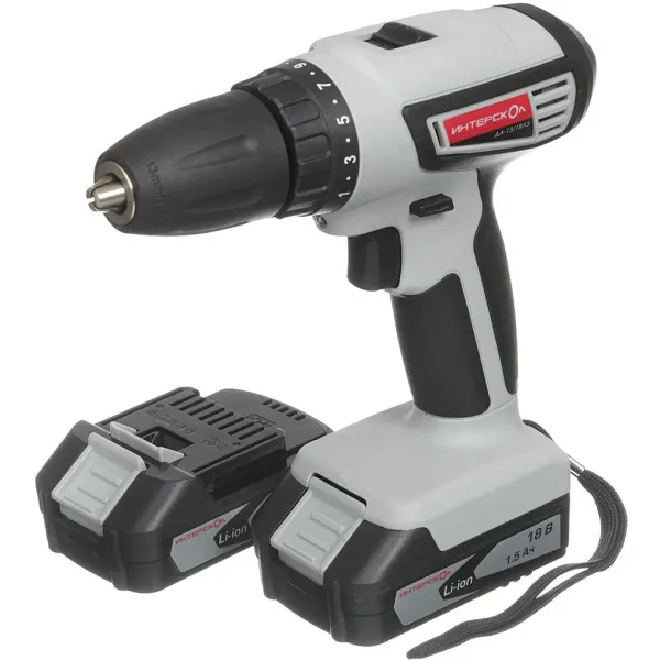Аккумуляторная дрель-шуруповерт ИНТЕРСКОЛ ДА-13/18Л3, 18 В, 1350 об/мин, с 2 АКБ 1.5 Ач и ЗУ, в кейсе (384.0.2.00)