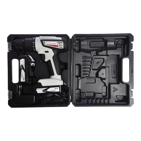 Дрель-шуруповерт ИНТЕРСКОЛ ДАУ-10/18Л2, 18 В, 1400 об/мин, 17550 уд/мин, с 2 АКБ 1.5 Ач и ЗУ, в кейсе (526.0.2.00)