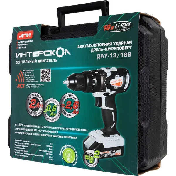 Дрель-шуруповерт ИНТЕРСКОЛ ДАУ-13/18В 60, 18 В, 2000 об/мин, 30000 уд/мин, с 2 АКБ 2 Ач и ЗУ, в кейсе (574.2.2.70)