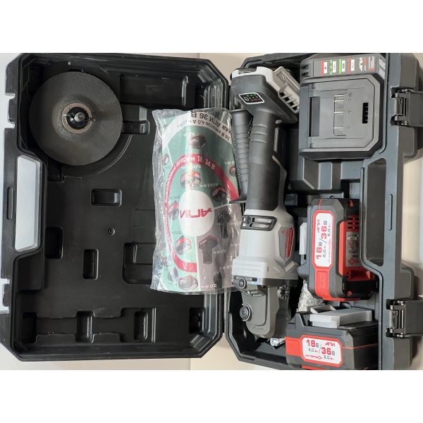 Аккумуляторная угловая шлифмашина ИНТЕРСКОЛ УШМ-125/36ВМЭ, 36 В, 125 мм, 8500 об/мин, c 2 АКБ 2 Ач и ЗУ в кейсе (УЦЕНЕННЫЙ ТОВАР) (956.2.2.70/U)