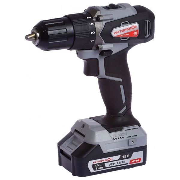 Аккумуляторная дрель-шуруповерт ИНТЕРСКОЛ ДА-13/18ВК 45, 18 В, 1700 об/мин, с 2 АКБ 1.5 Ач и ЗУ, в кейсе (УЦЕНЕННЫЙ ТОВАР) (575.1.2.70/U)