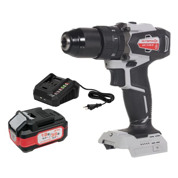 Ударная дрель-шуруповерт ИНТЕРСКОЛ ДАУ-13/36В 50, 36 В, 1700 об/мин, 25500 уд/мин, с АКБ 2.5 Ач и ЗУ (850.0.0.70-B25C)