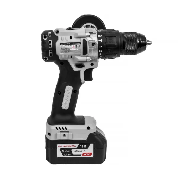 Аккумуляторная дрель-шуруповерт ИНТЕРСКОЛ ДАУ-13/18В 80, 18 В, 1800 об/мин, с АКБ 4 Ач и ЗУ, в кейсе (786.4.1.70)