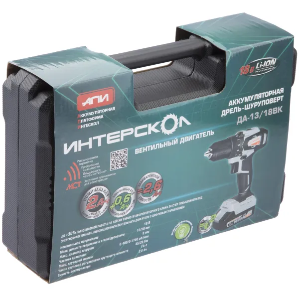 Аккумуляторная дрель-шуруповерт ИНТЕРСКОЛ ДА-13/18ВК 45, 18 В, 1700 об/мин, с 2 АКБ 2 Ач и ЗУ, в кейсе (575.2.2.70)