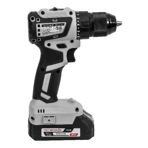 Аккумуляторная дрель-шуруповерт ИНТЕРСКОЛ ДА-13/18В 50, 18 В, 1600 об/мин, с 2 АКБ 2 Ач и ЗУ, в кейсе (776.2.2.70)