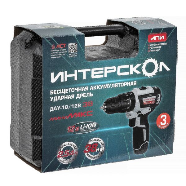 Дрель-шуруповерт ИНТЕРСКОЛ МиниМАКС ДАУ-10/12В, 12 В, 1450 об/мин, 25500 уд/мин, с 2 АКБ 2.5 Ач и ЗУ, в кейсе (767.2.2.45)