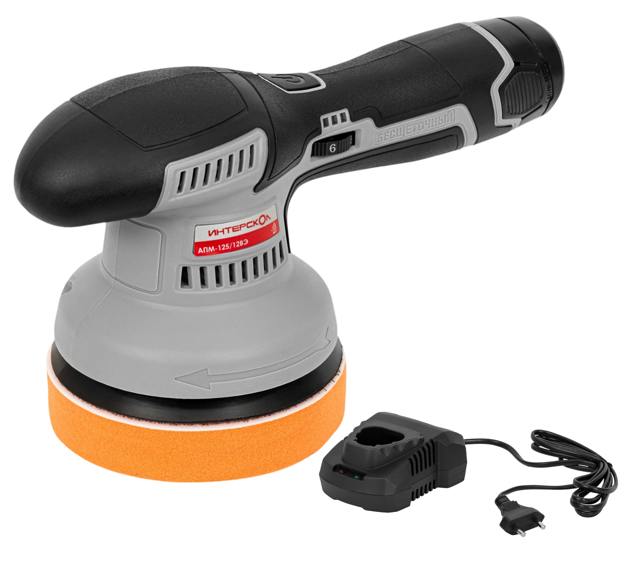 Аккумуляторная полировальная машина ИНТЕРСКОЛ АПМ-125/12ВЭ, 12 В, 125 мм, 5000 об/мин, с АКБ 2 Ач и ЗУ (788.0.0.70-B2C)
