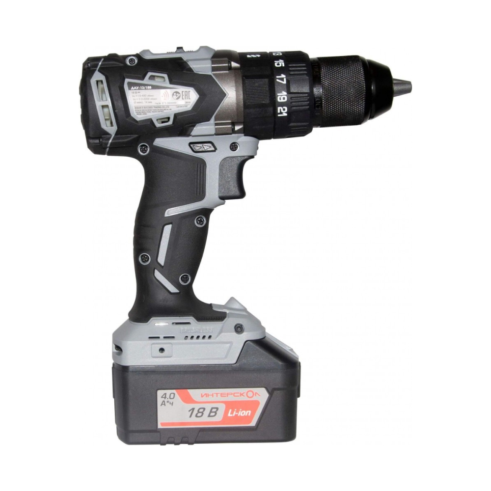 Аккумуляторная ударная дрель-шуруповерт ИНТЕРСКОЛ ДАУ-13/18В 60, 18 В, 2000 об/мин, 30000 уд/мин, с АКБ 4 Ач и ЗУ (574.4.1.70)