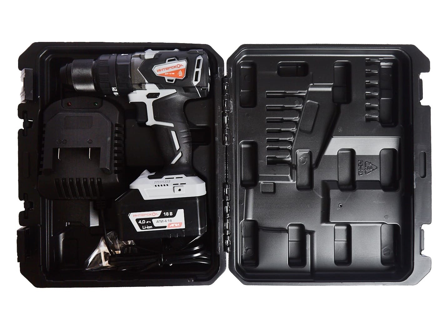 Дрель-шуруповерт ИНТЕРСКОЛ ДАУ-13/18В 60, 18 В, 2000 об/мин, 30000 уд/мин, без АКБ и ЗУ, в кейсе (574.0.0.70)