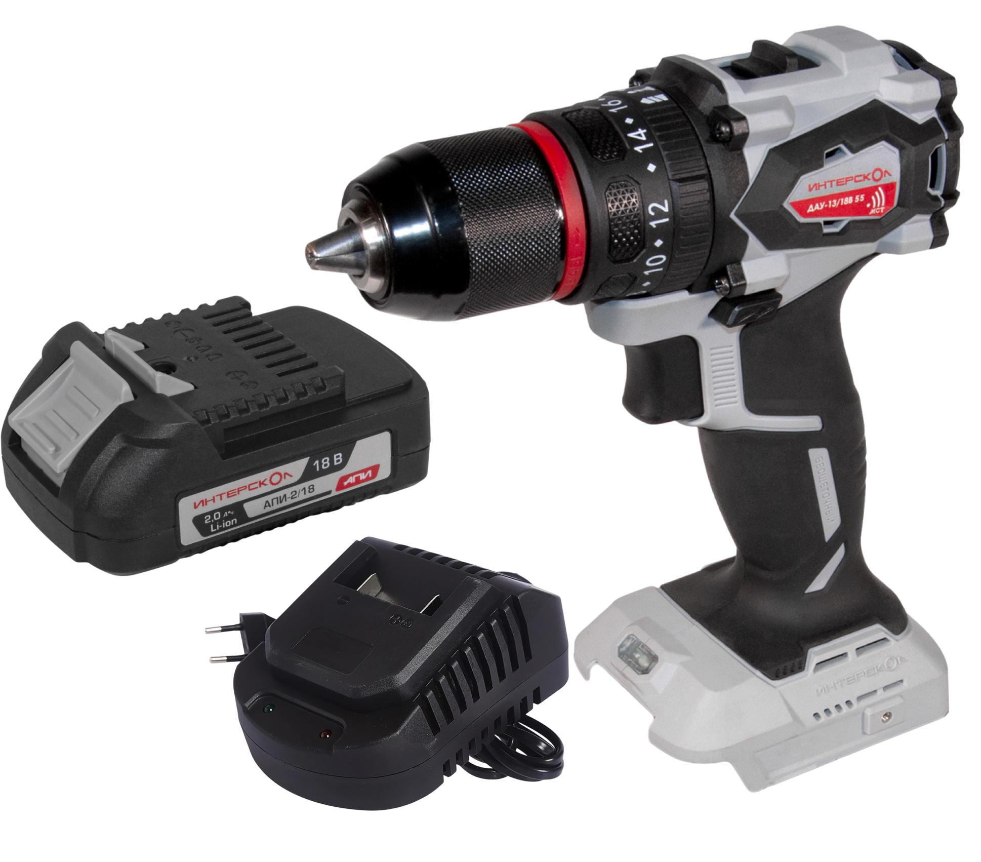 Дрель-шуруповерт ИНТЕРСКОЛ ДАУ-13/18В 55, 18 В, 1850 об/мин, 27750 уд/мин, с АКБ 2 Ач и ЗУ (953.0.0.70-B2C)
