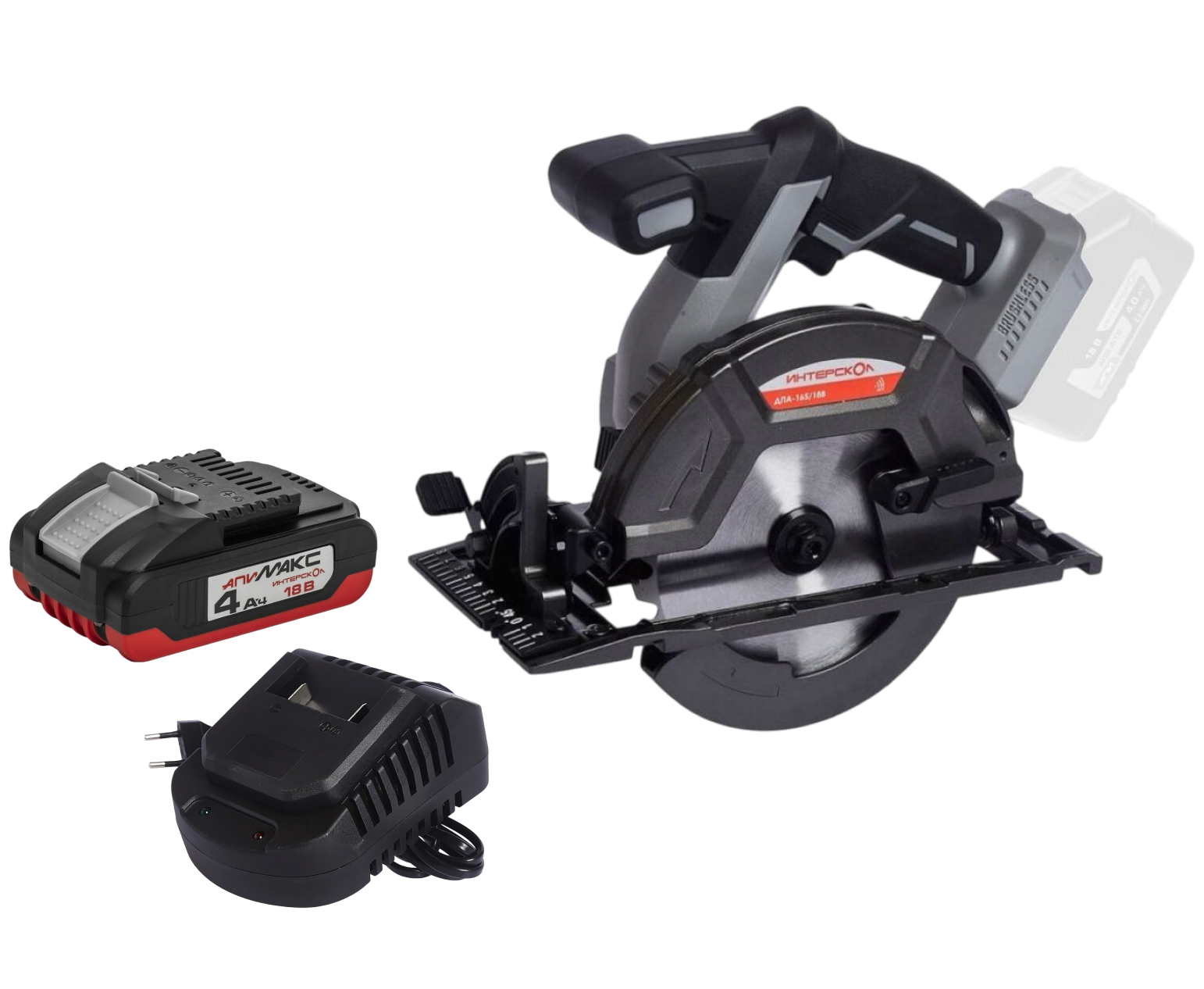 Аккумуляторная дисковая пила ИНТЕРСКОЛ ДПА-165/18В, 18 В, 165 мм, 5000 об/мин, с АКБ 4 Ач и ЗУ (577.0.0.70-B4C)