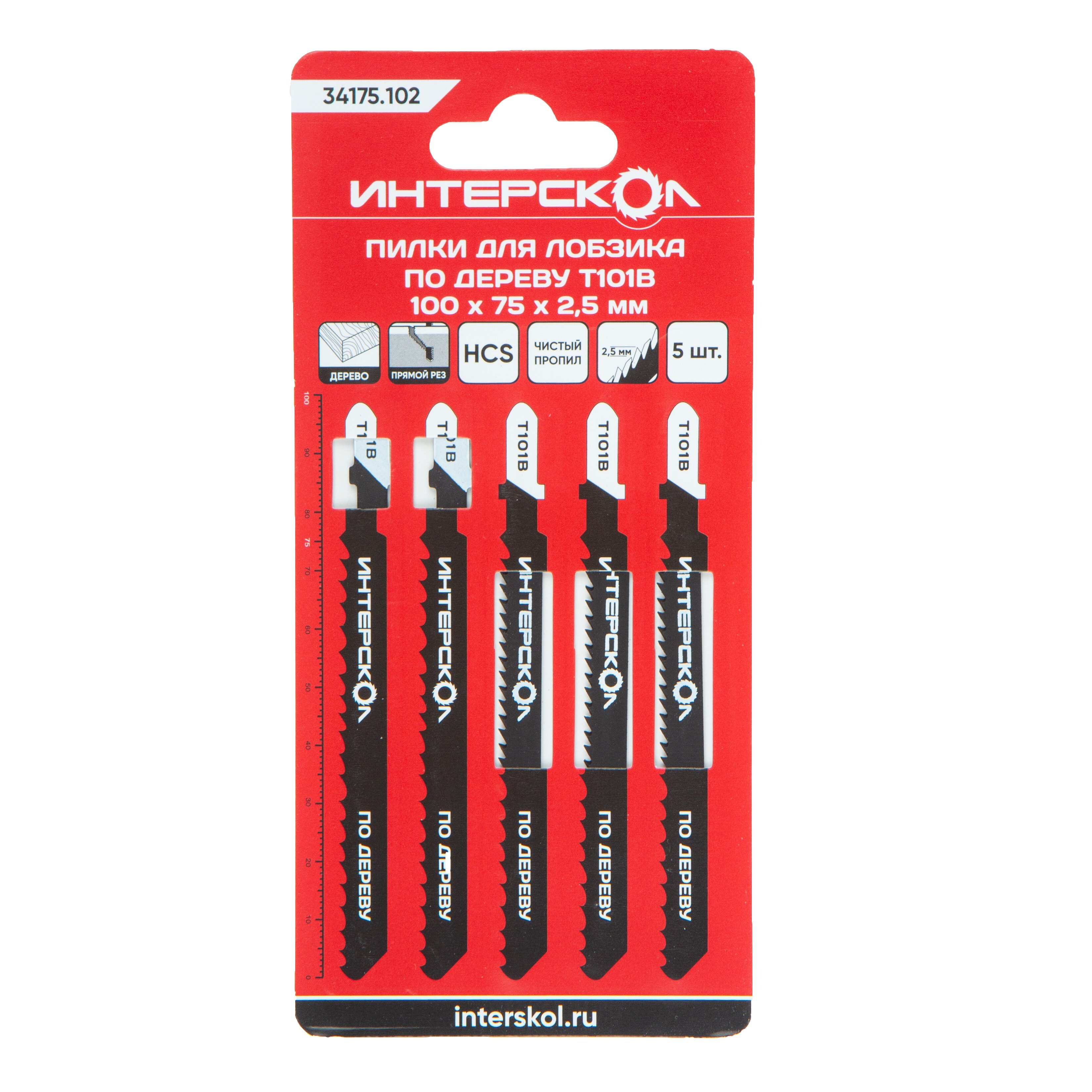 Пилка для лобзика ИНТЕРСКОЛ T-101B, по дереву, 5 шт. (34175.102)
