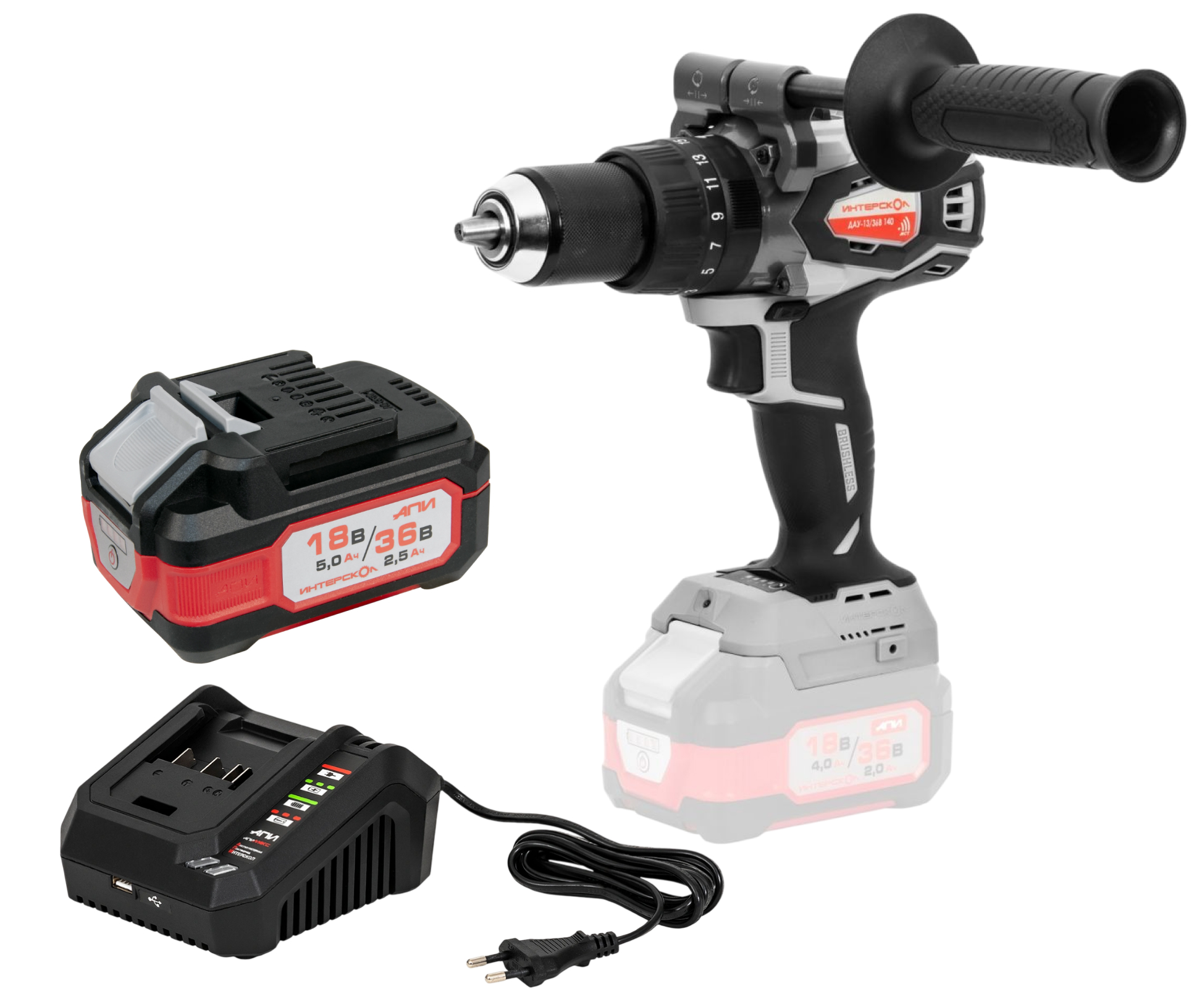 Аккумуляторная ударная дрель-шуруповерт ИНТЕРСКОЛ ДАУ-13/36В 140, 36 В, 2250 об/мин, 30000 уд/мин, с АКБ 2.5 Ач и ЗУ (852.0.0.70-B25C)
