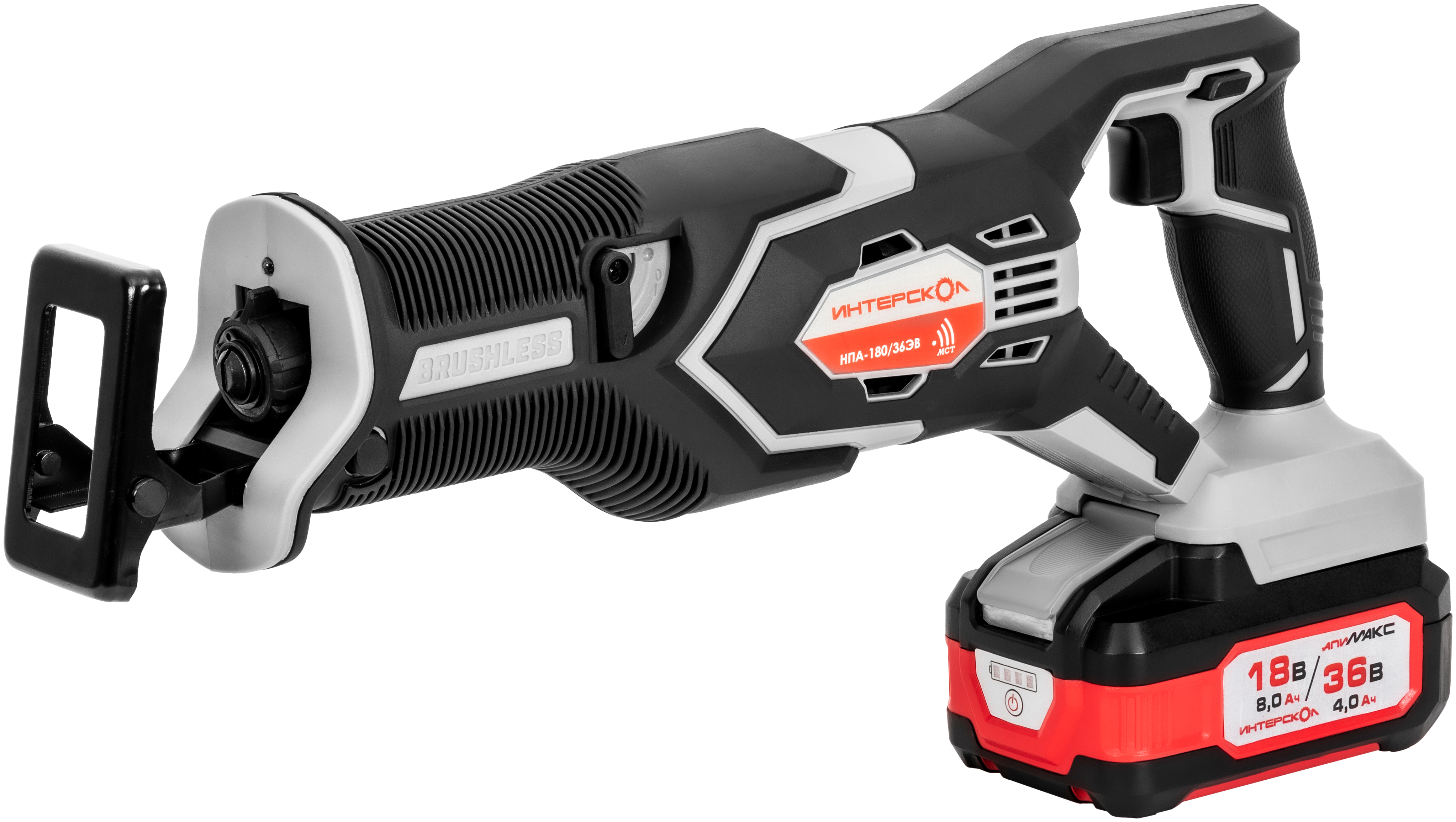 Аккумуляторная сабельная пила ИНТЕРСКОЛ НПА-200/36В, 36 В, 3000 ход/мин, 26 мм, с 2 АКБ 2 Ач и ЗУ, в кейсе (833.2.2.70)