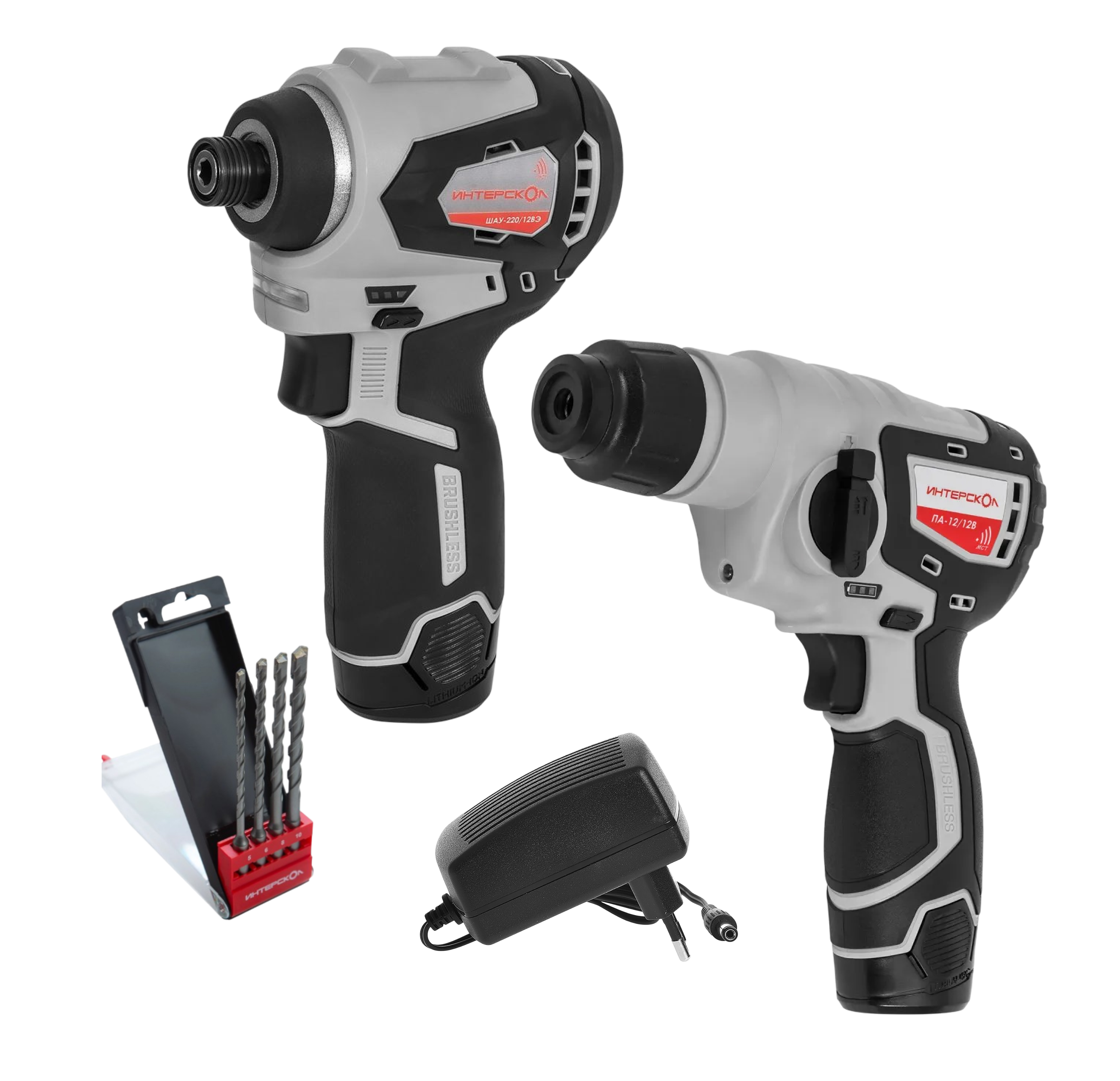 Набор аккумуляторного инструмента ИНТЕРСКОЛ 12 В: перфоратор ПА-12/12В + шуруповерт ШАУ-220/12ВЭ + 4 бура, с 2 АКБ 2 Ач и ЗУ