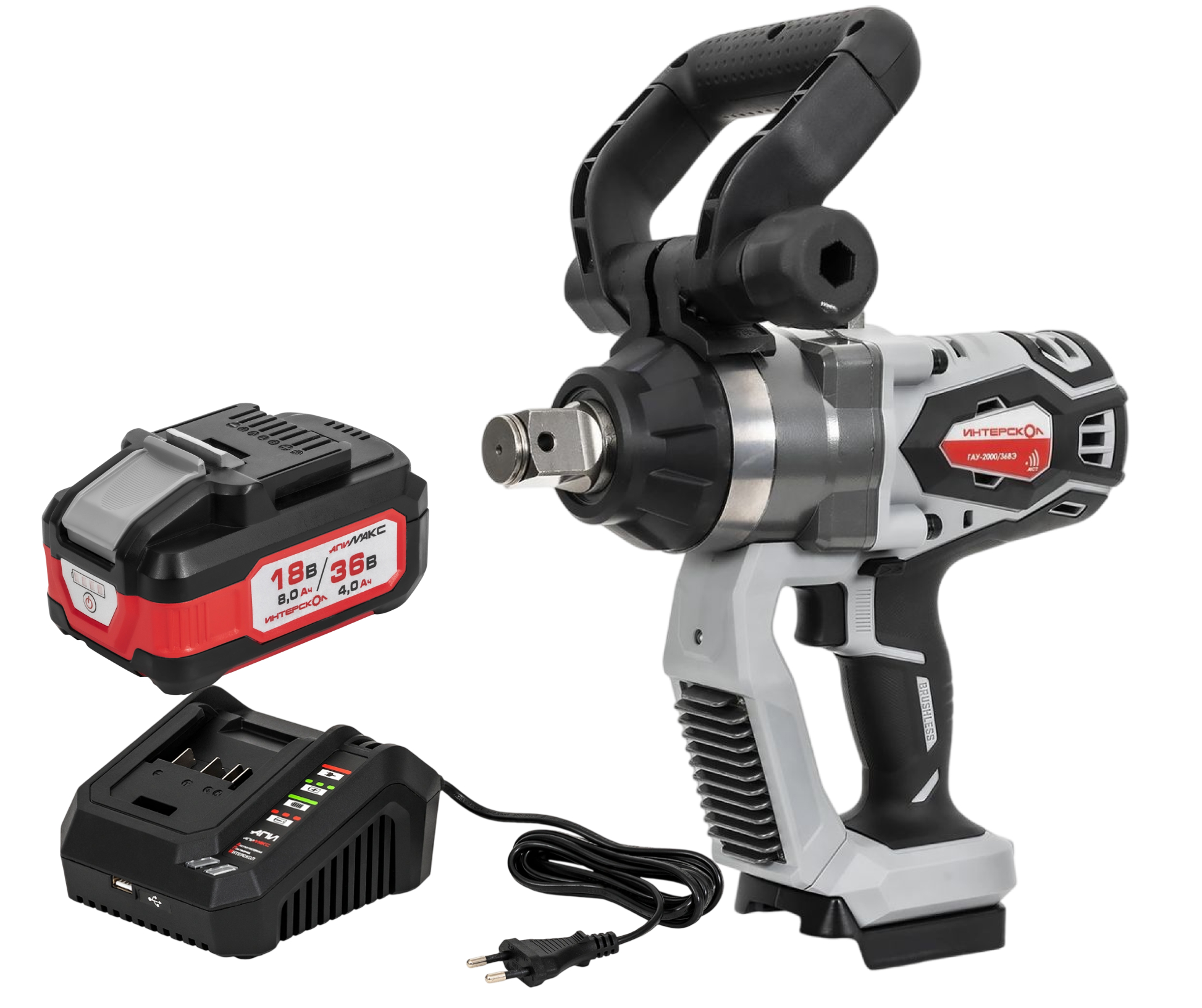 Аккумуляторный ударный гайковерт ИНТЕРСКОЛ ГАУ-2000/36ВЭ, 36 В, 2000 Нм, 25500 уд/мин, с АКБ 4 Ач и ЗУ (820.0.0.70-B4C)