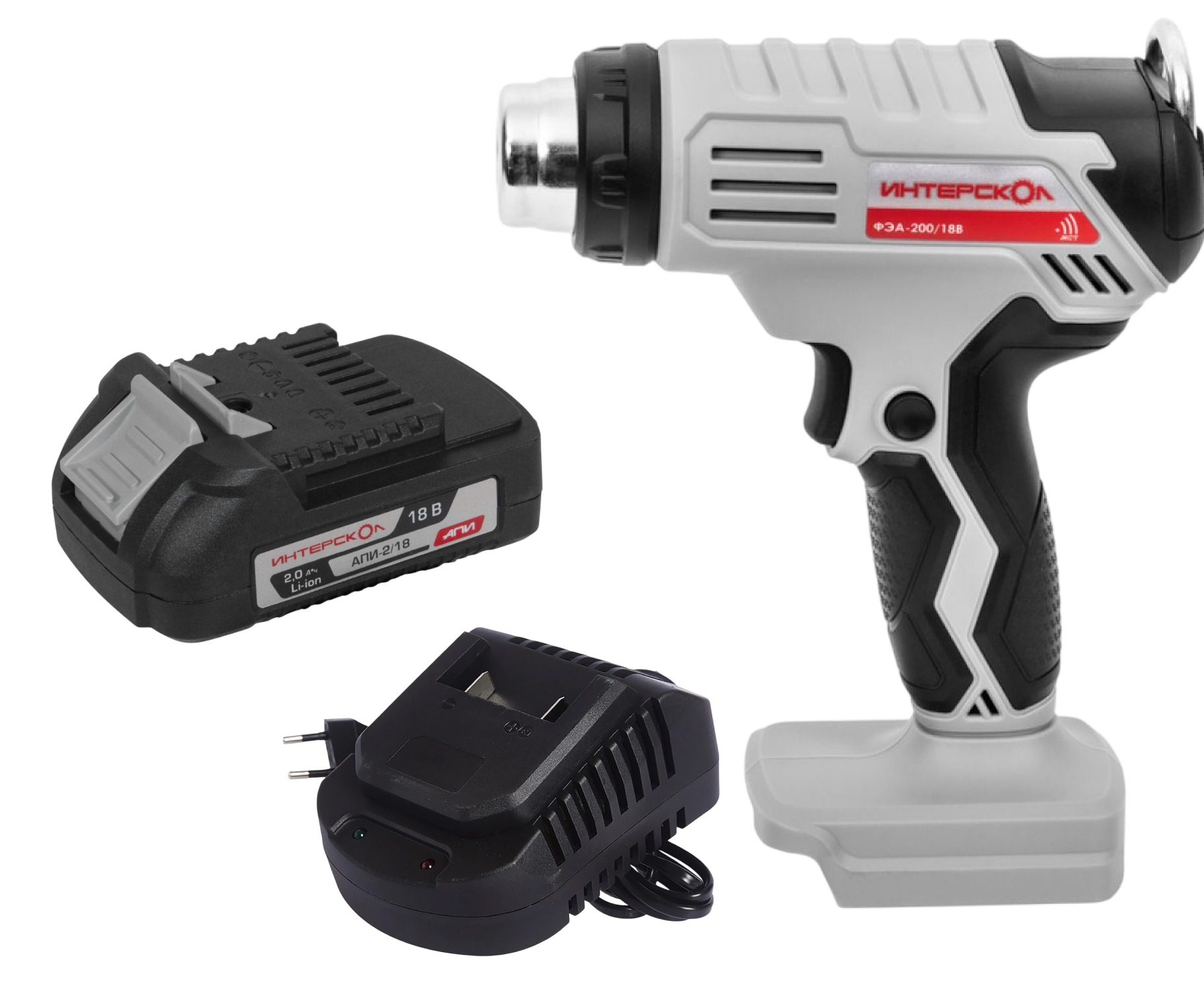 Бесщеточный аккумуляторный строительный фен ИНТЕРСКОЛ ФЭА-200/18В, 550°С, 200 л/мин, с АКБ 2 Ач и ЗУ, (764.0.0.70-B2C)