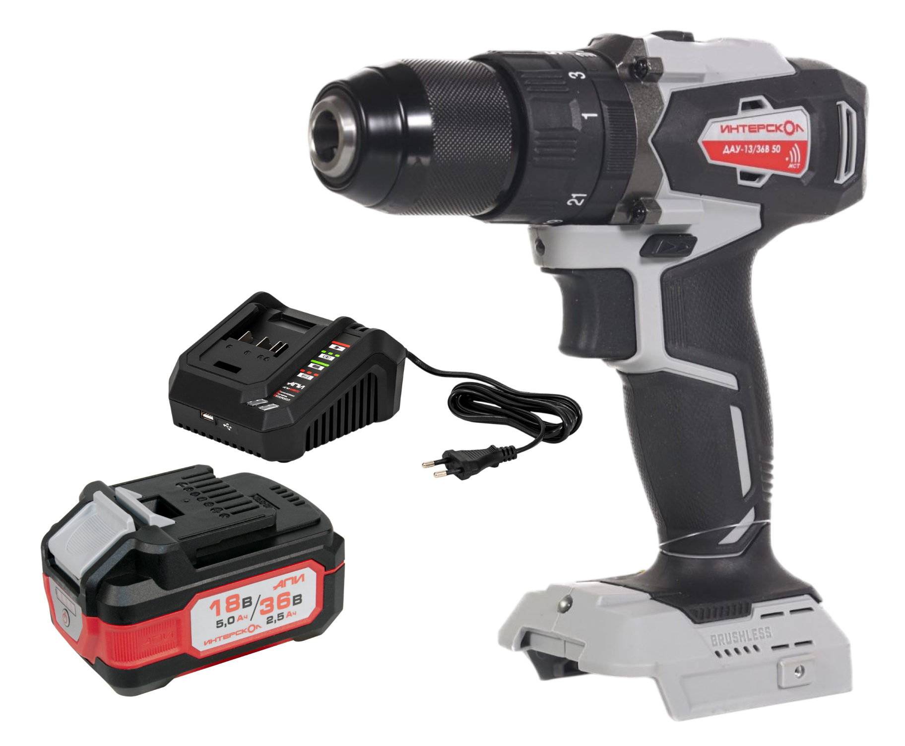 Ударная дрель-шуруповерт ИНТЕРСКОЛ ДАУ-13/36В 50, 36 В, 1700 об/мин, 25500 уд/мин, с АКБ 2.5 Ач и ЗУ (850.0.0.70-B25C)