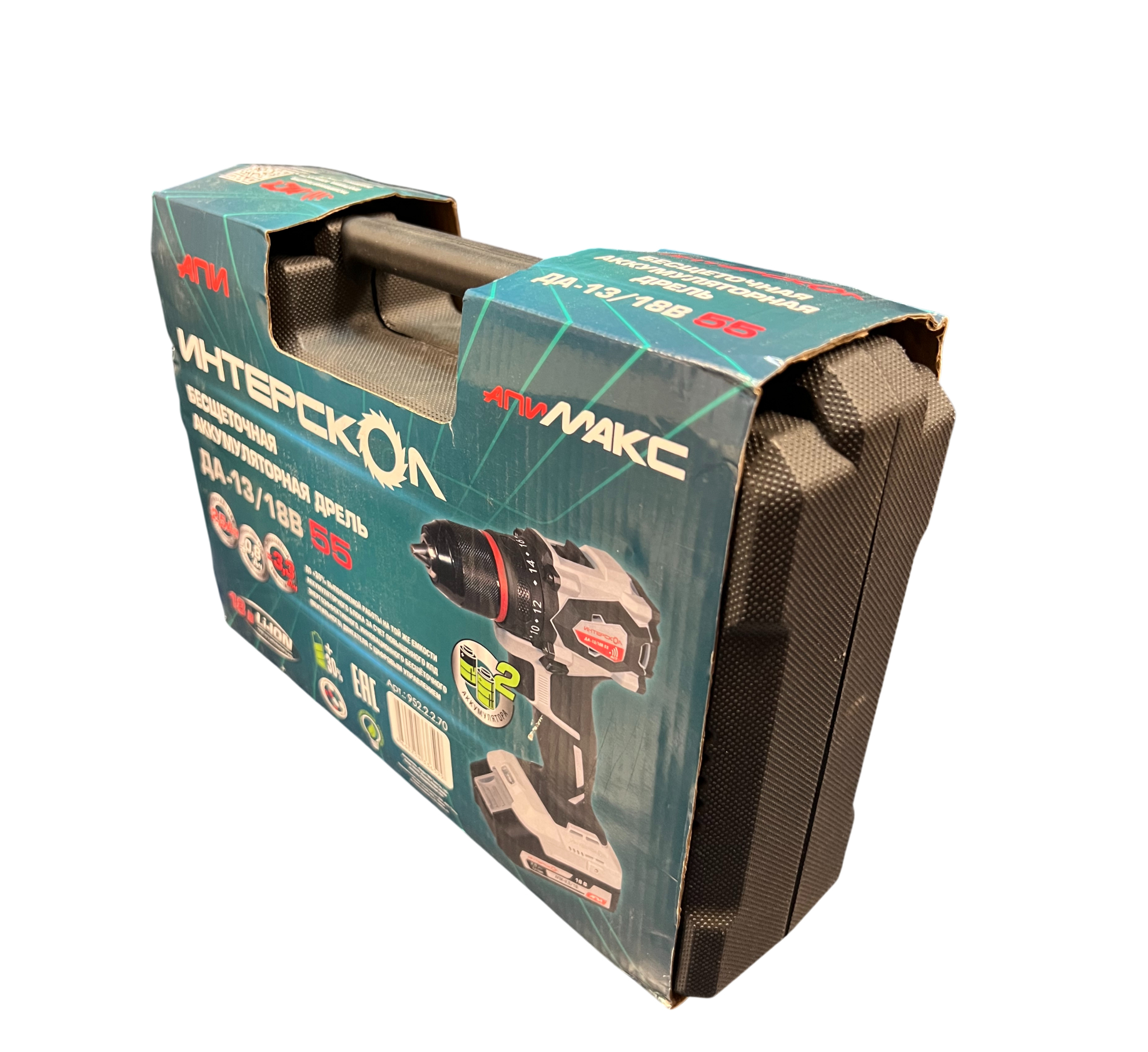 Аккумуляторная дрель-шуруповерт ИНТЕРСКОЛ ДА-13/18В 55, 18 В, 1850 об/мин, с 2 АКБ 2.5 Ач и ЗУ, в кейсе (УЦЕНЕННЫЙ ТОВАР) (952.2.2.70/U)