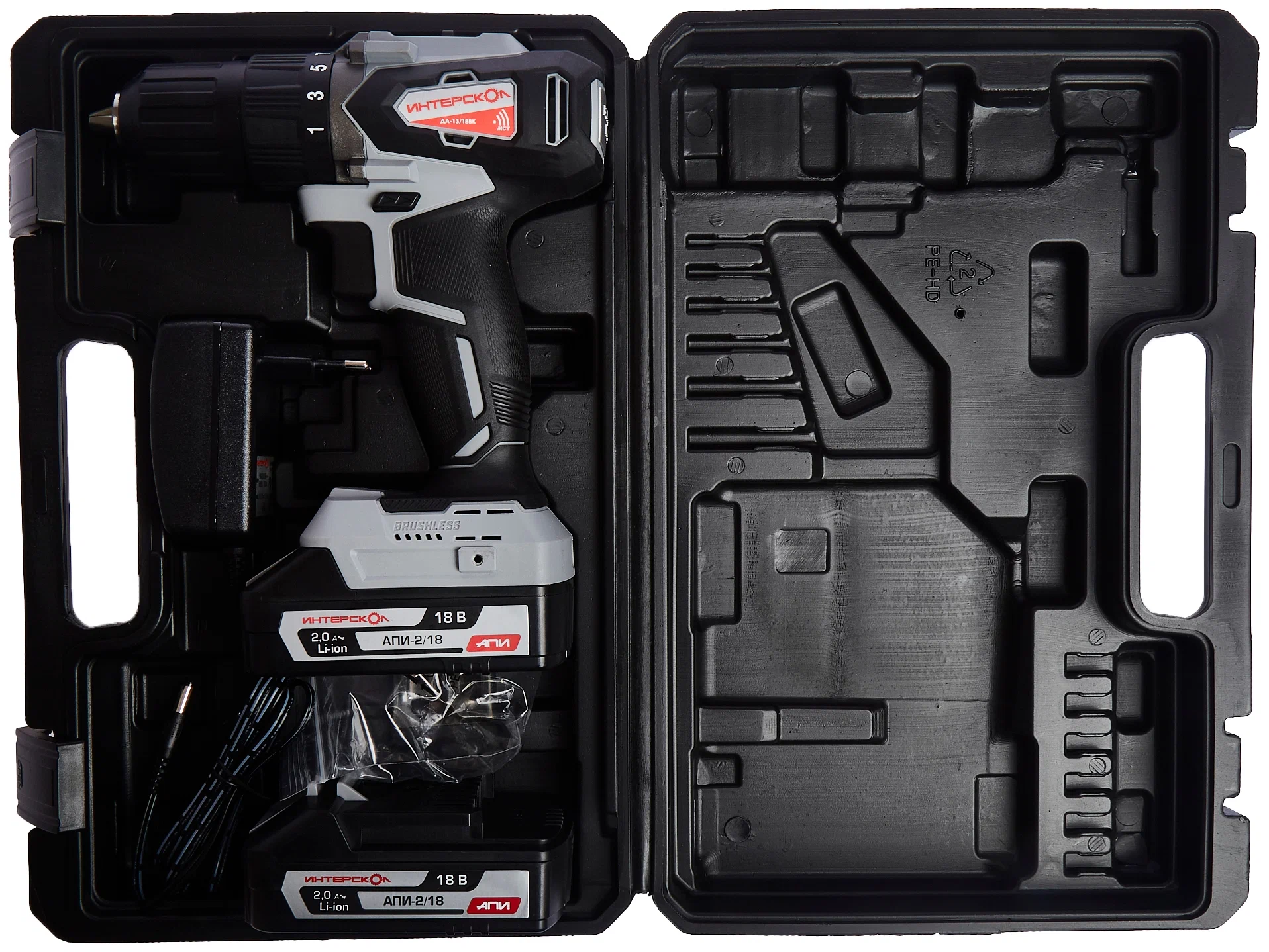 Аккумуляторная дрель-шуруповерт ИНТЕРСКОЛ ДА-13/18ВК 45, 18 В, 1700 об/мин, с 2 АКБ 2 Ач и ЗУ, в кейсе (575.2.2.70)