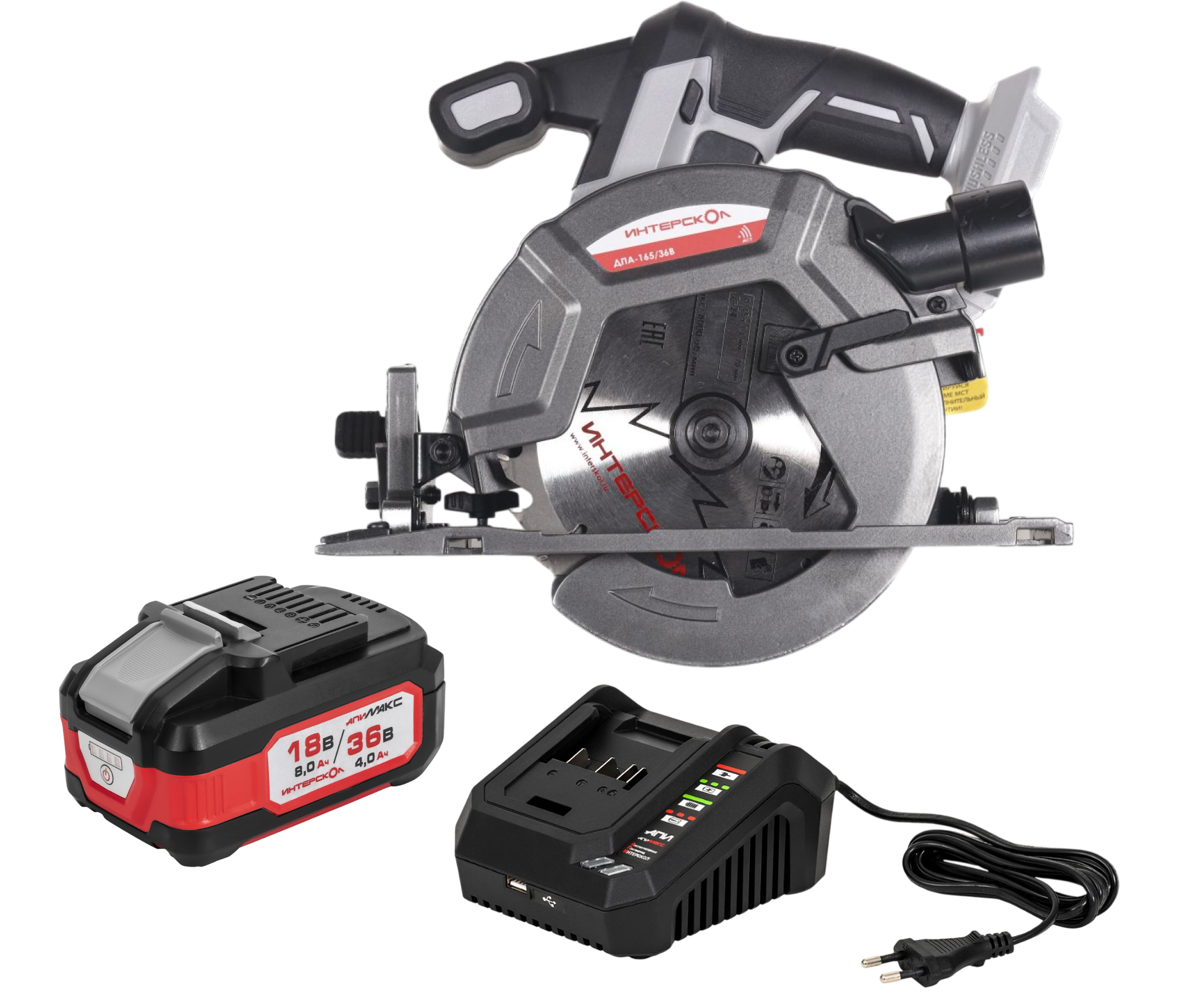 Аккумуляторная дисковая пила ИНТЕРСКОЛ ДПА-165/36В, 36 В, 165 мм, 5000 об/мин, с АКБ 4 Ач и ЗУ (817.0.0.70-B4C)