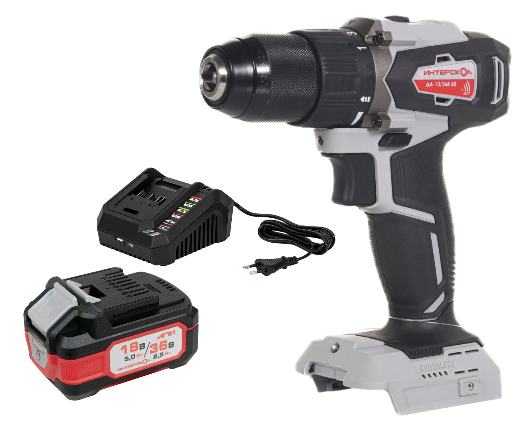 Аккумуляторная дрель-шуруповерт ИНТЕРСКОЛ ДА-13/36В 50, 36 В, 1700 об/мин, с АКБ 2.5 Ач и ЗУ (851.0.0.70-B25C)