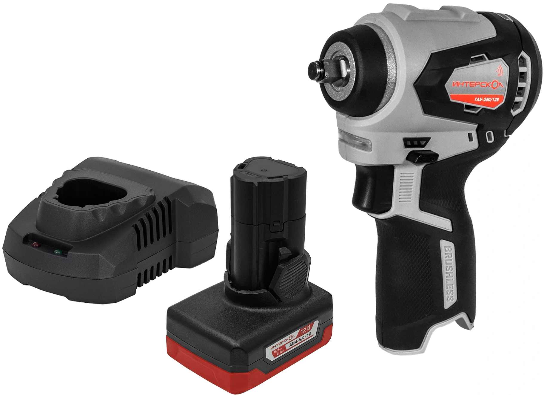 Аккумуляторный ударный гайковерт ИНТЕРСКОЛ ГАУ-250/12ВЭ, 12 В, 250 Нм, 3200 уд/мин, с АКБ 5 Ач и ЗУ (804.1.0.70-B5C)